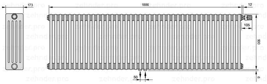Схема (чертеж) Радиатор Zehnder Charleston 5090/41 №V008 Белый глянцевый RAL 9016